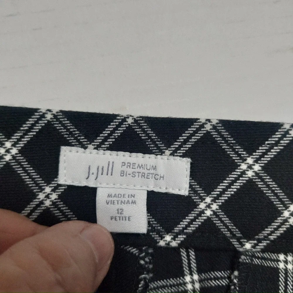 J.Jill Womens 12P Premium Bi-Stretch Crop Pants Black White Plaid Zipper NWOT